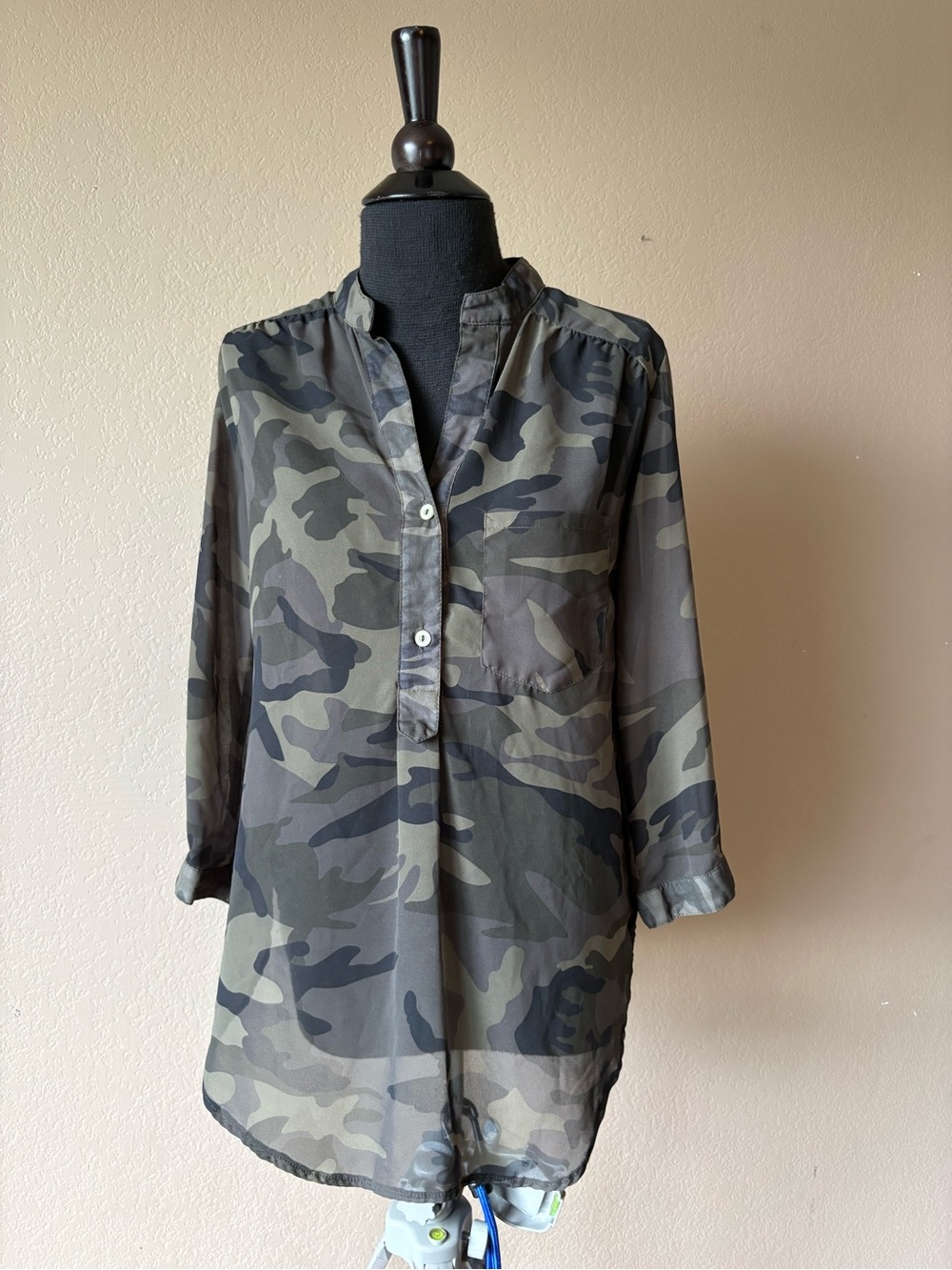 Papermoon Blouse 3/4 Sleeve Camo Print Sheer Size Small